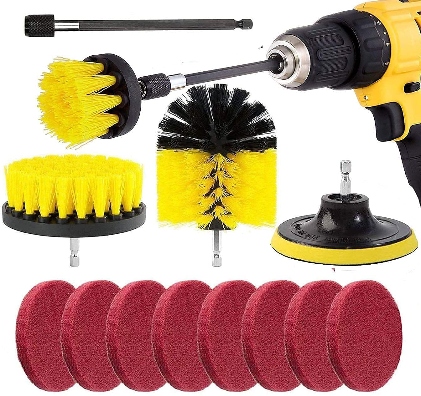 3Pcs Drill Brush Attachment and 8Pcs Scrub Pads for Drill and Electric Screwdriver, Kagni Cleaning Brush Power Scrubber Set with a 150mm Extension Rod for Car Grout Bathroom Carpet Tile Brick Ceramic