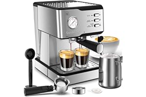 Geek Chef Espresso Machine 20 Bar Pump Pressure Cappuccino latte Maker Coffee Machine with ESE POD filter&Pressure gauge, 1.5L Water Tank 950W, Silver