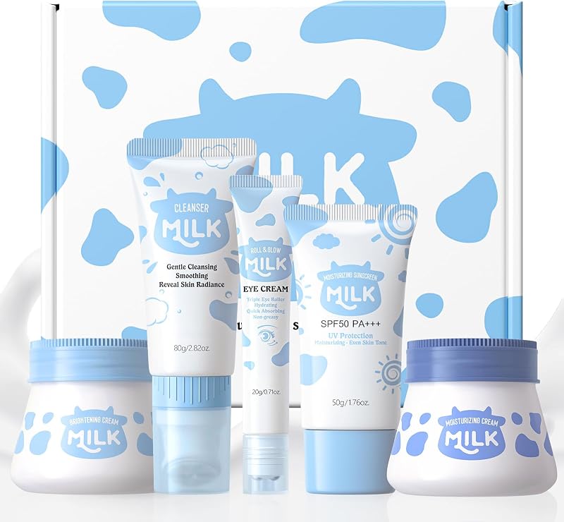 LAIKOU Skincare Set 5pc Milk Cleanser Day Night Eye Sunscreen Gift