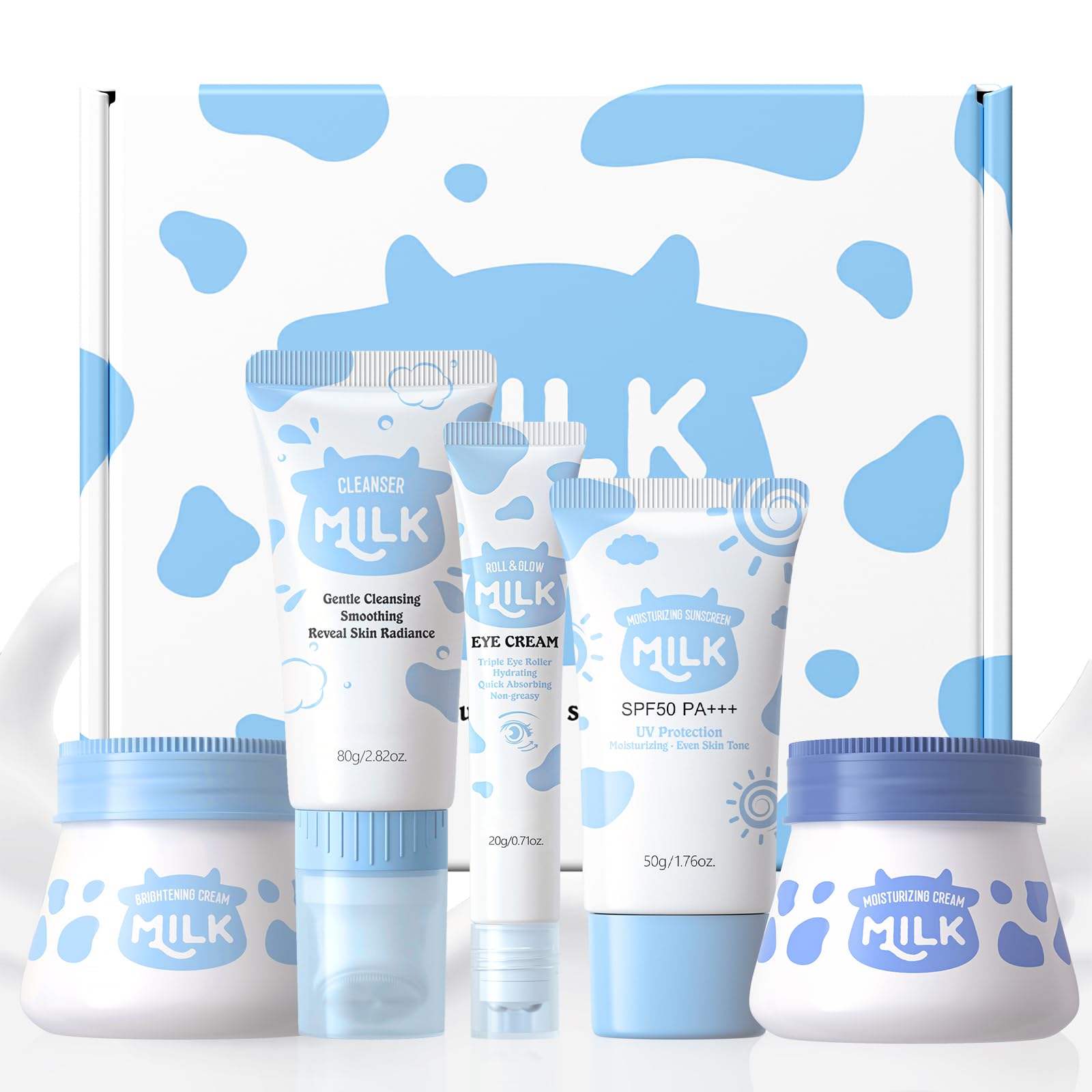 LAIKOU Skincare Set, Milk Beauty Gift Sets for Teenage Girls with Cleanser, Day Cream, Night Cream, Eye Cream, Sunscreen, Facial Kits for Women Wife Mom, Deep Hydrating Smoothing 5pcs