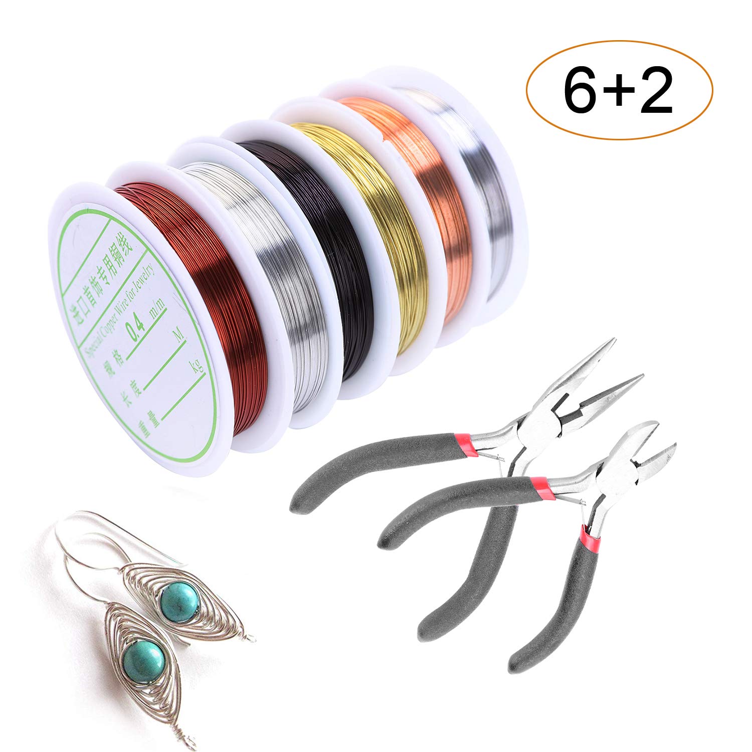 DesignerBox 6 Pack Jewelry Beading Wires with 2 Pack Cutting Pliers, Non Tarnish Bead Stringing Wire Art Craft Wire Copper Wire Rolls for Jewelry Making Supplies and Crafting (Style 1)
