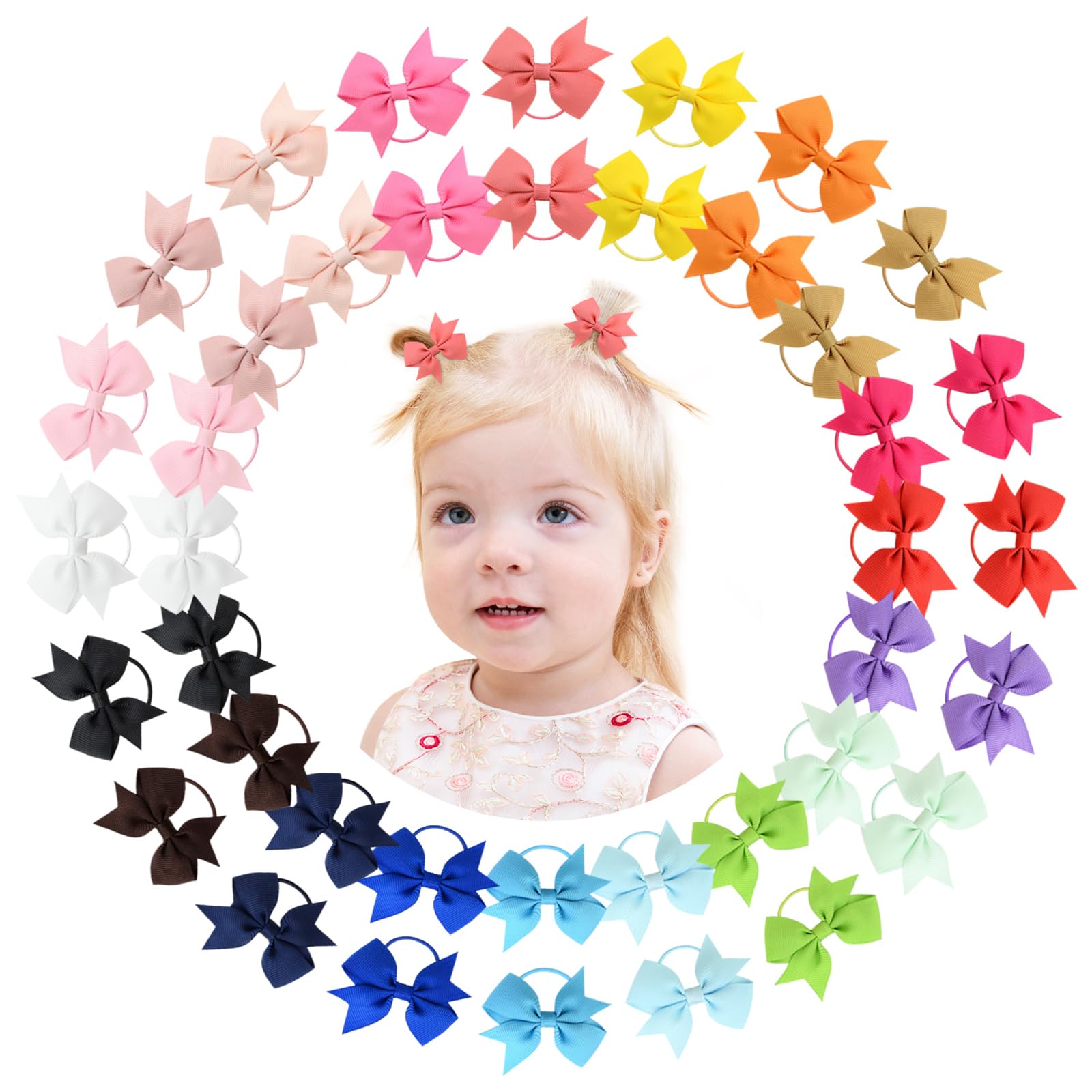 Choicbaby 40pcs 2 Inch Baby Girls Hair Bows & Ties - 20 Colorful Sets - Elastic Headbands - Ponytail Holders - Hair Accessories for Toddlers & Girls
