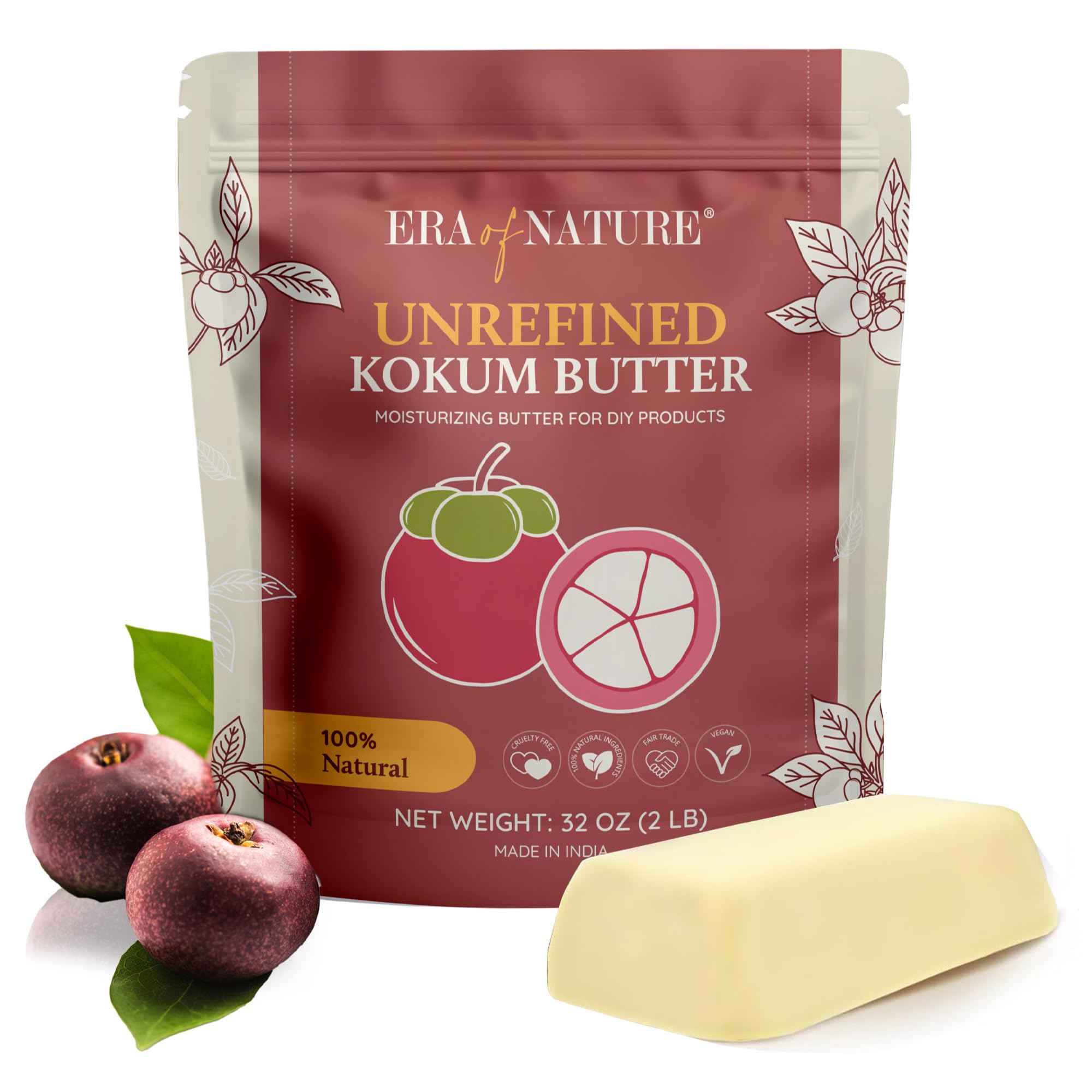 era of nature Kokum Butter Raw - 32 oz (2lb) – Natural Butter for Body Butters, Lotion Bars, Lip Balm, Soap Making – Blends Well with Shea or Cocoa Butter – For Stretch Marks, Scars, Pregnancy Care Image