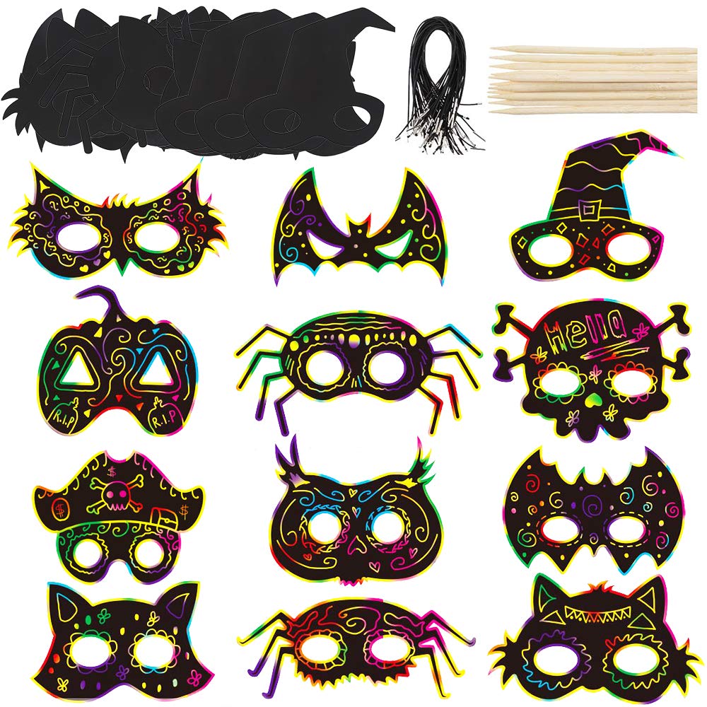 LOKIPA 24PCS Halloween Scratch Paper Art Masks - Halloween Skeleton Cat Pumpkin Bat Spider Decorations Craft for Kids and Adults