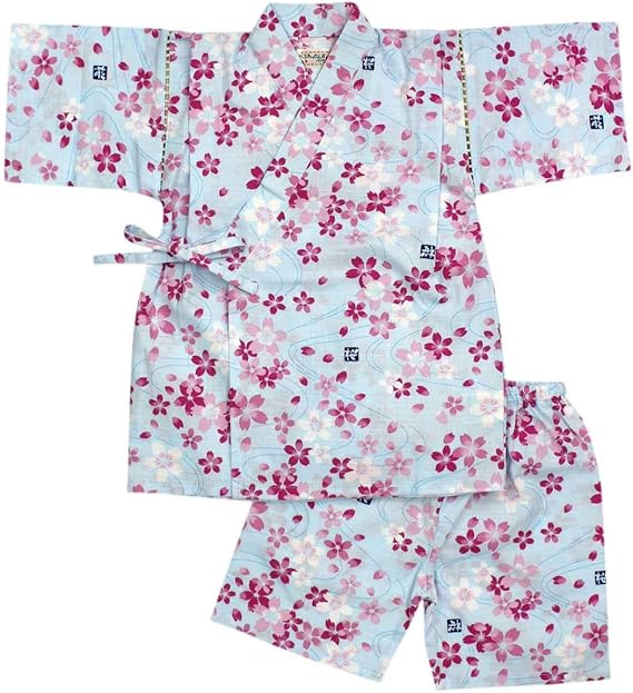 Amazon Co Jp 甚平 キッズ 女の子 綿100 おしゃれ 可愛い 上下セット 日本製生地 祭り 花火 暑さ対策 ガールズ 女児 和柄 和花 さくら サクラ 桜柄 サックス 服 ファッション小物