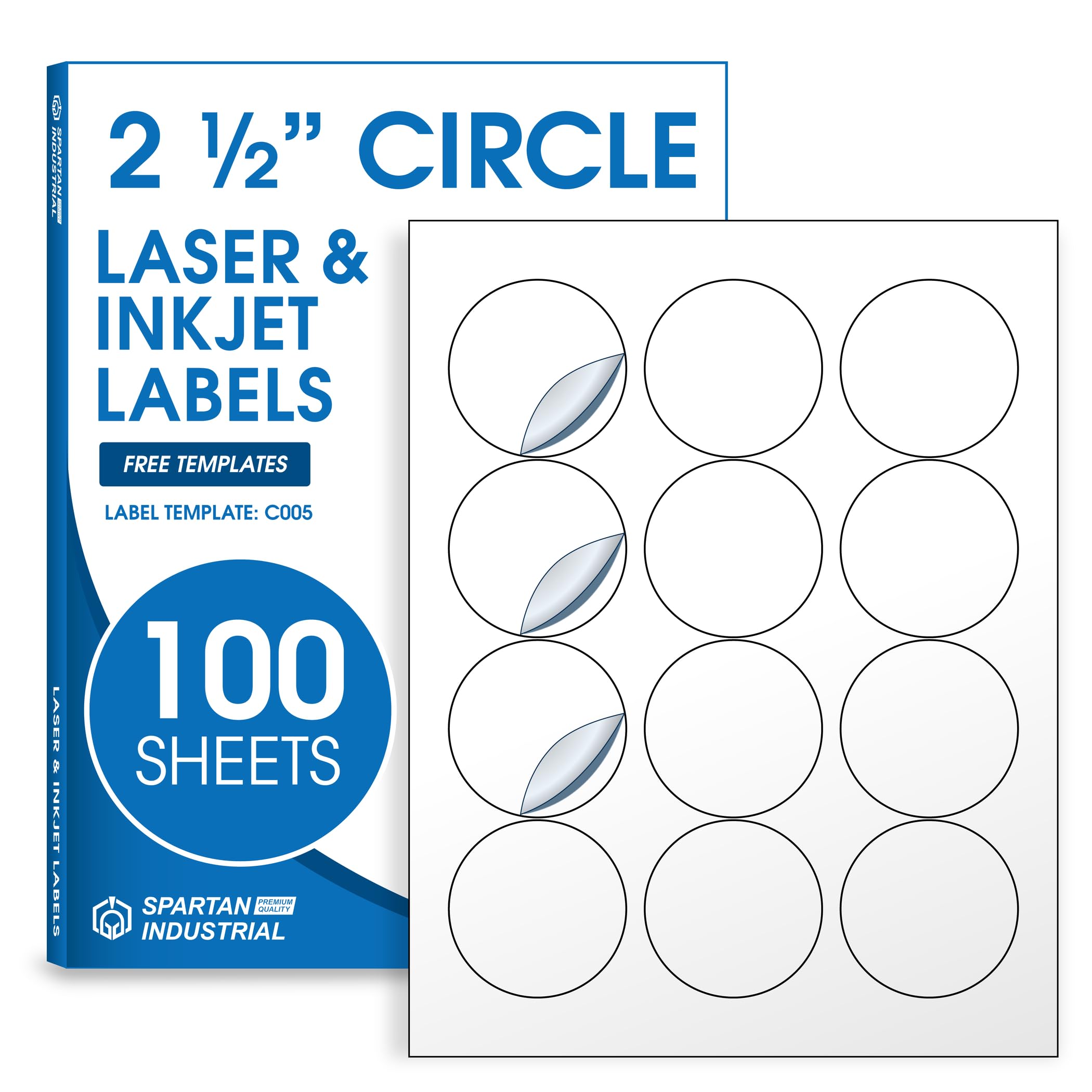 Photo 1 of 2.5" Circle Printable Labels Compatible with Inkjet and Laser Printers - 100 Sheets, 1200 Matte White Round Stickers for Product Labeling, Packaging, Organization - Spartan Industrial Template C005