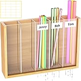 NiHome Wall Mounted Bamboo Straw Holder & Organizer with Acrylic Front, Large Capacity Straw Dispenser for Cabinet Door, Adjustable Compartments for Utensils & Dry Storage, Writable Label Stickers