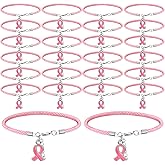 Karenhi 24 Pcs Breast Cancer Awareness Adjustable Bracelets with Pink Ribbon Charms for Women Breast Cancer Awareness Gifts