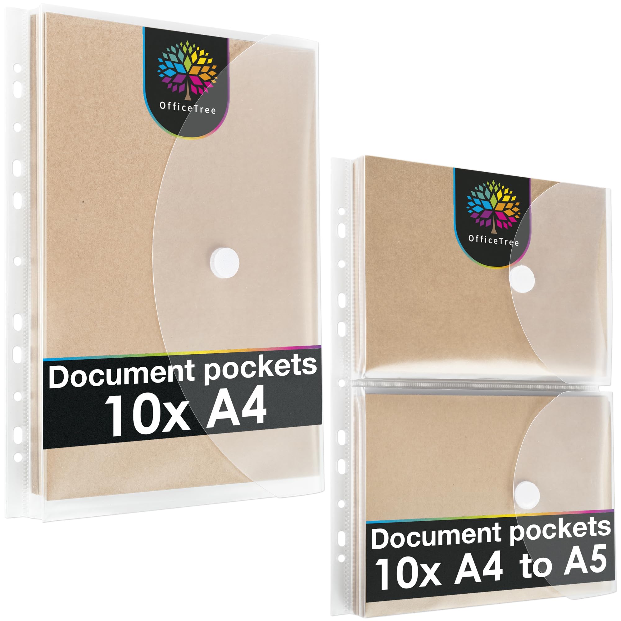 OfficeTree 20 x Document Folder with 160 Hole Reinforcer - 10 x A4 Folder - 10 x Plastic Folders A4 & A5 - Clear Plastic Pockets with Fastener and Filing Edge
