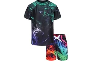 ZESTONIE Boys Rash Guard Set for Kids Boys 2 Piece Short Sleeve Swim Shirts with Trunks Quick Dry Bathing Suits Swim Set