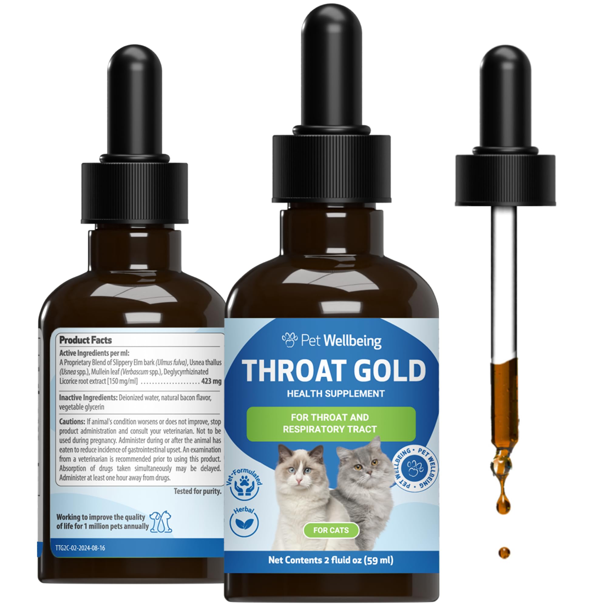 Pet Wellbeing Throat Gold for Cats - Cat Respiratory Support, Occasional Dog Cough & Hoarseness, Licorice, Mullein, Slippery Elm - Vet-Formulated Holistic Supplement - 2oz (59 ml)