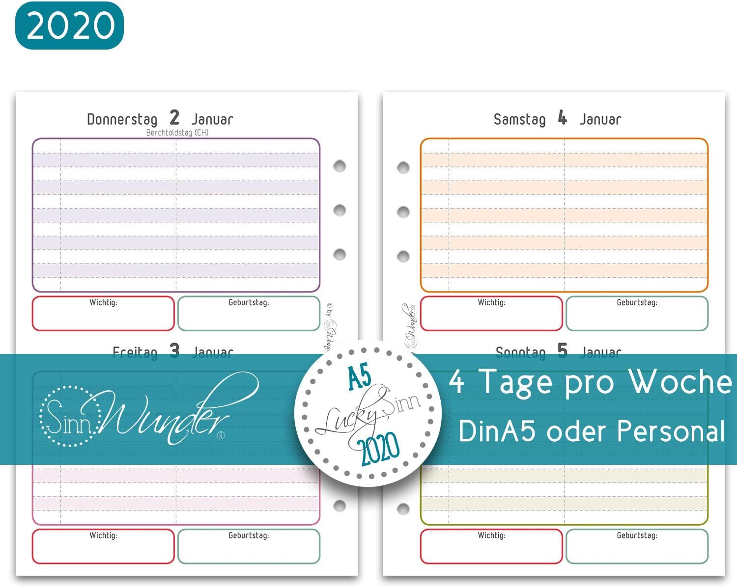 SinnWunder 2019 Premium Calendar Insert 2 Days / 1 Page LuckySinn 2020 - Din A5 LuckySinn
