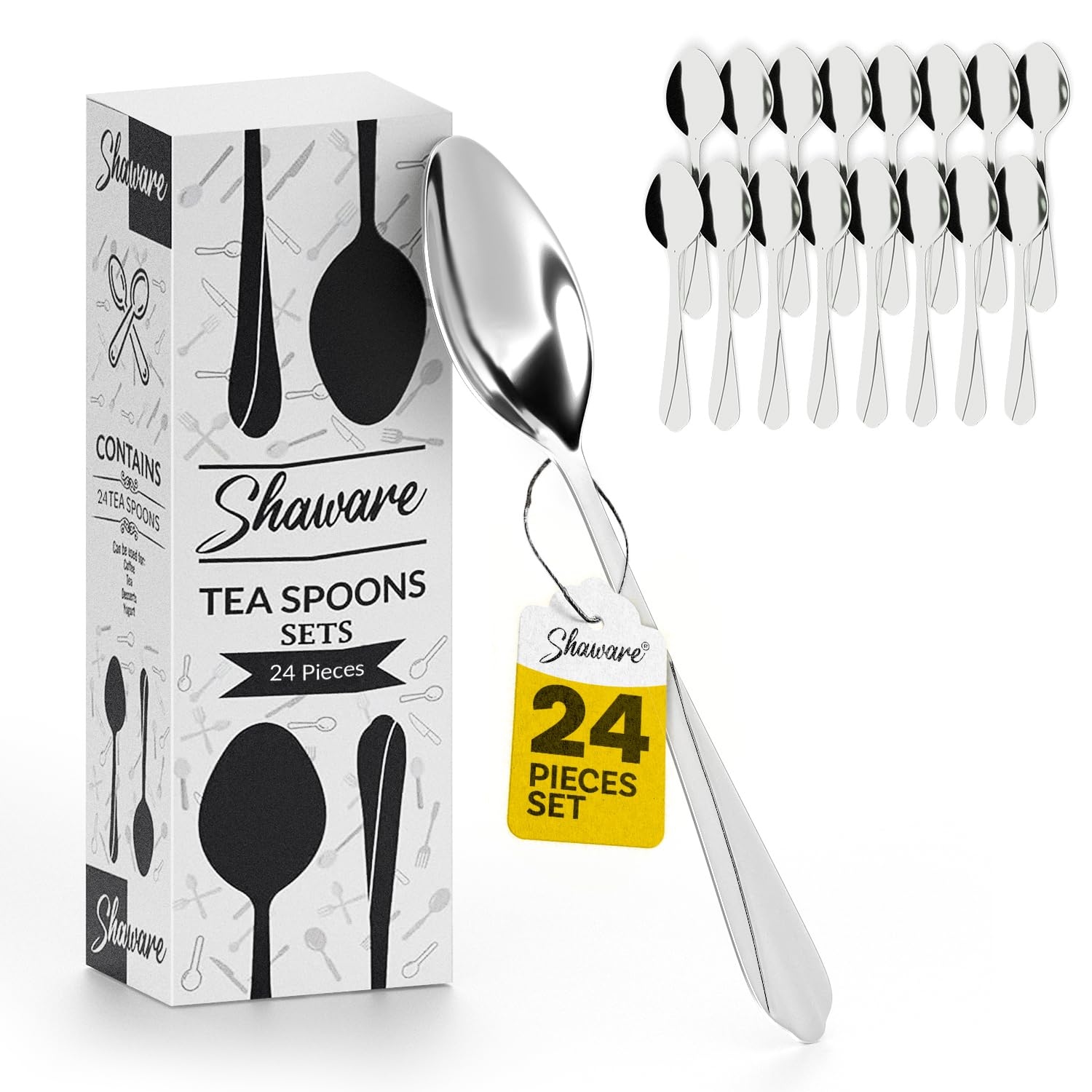 Shaware Teaspoons Set of 24 - Size of 140mm x 32mm x 2mm - Stainless Steel & Dishwasher Safe Tea Spoons Set of 24 for Dessert, Tea, Restaurants and Parties… (Pack of 24)