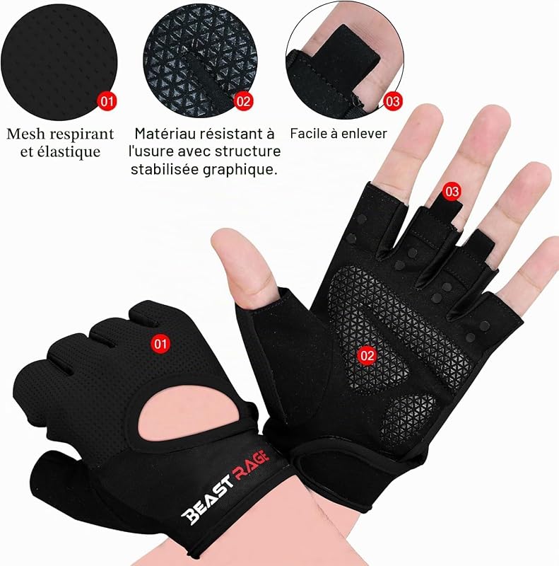 Gants de Fitness Respirants pour Hommes et Femmes Gants d'haltérophilie Bodybuilding Gym Exercice Anti-dérapant Crossfit Musculation Cycling (Noir, M)