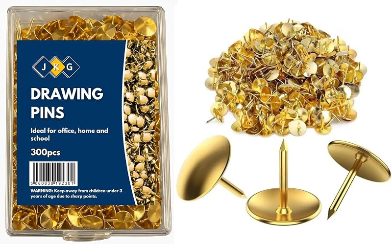 JKG 300 x Gold Metal Push Pins for Notice Boards Cork Bulletin Map Pin Art