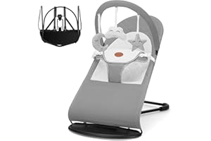 HKAI Baby Bouncer, Portable Baby Bouncer Seat for Babies 0-18 Months, 100% Cotton Fabrics, 3 Modes of use with Rocker and Stationary Options, Infant Rocker Chair with Hanging Toys-Light Grey