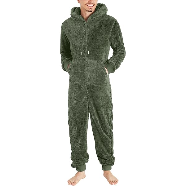Pyjama Pour Homme à Manches Longues Et Fermeture éclair - Combinaison Ample à Capuche - Ensemble Pyjama D'hiver Chaud 1 Pièce En Polaire, AG, Petit