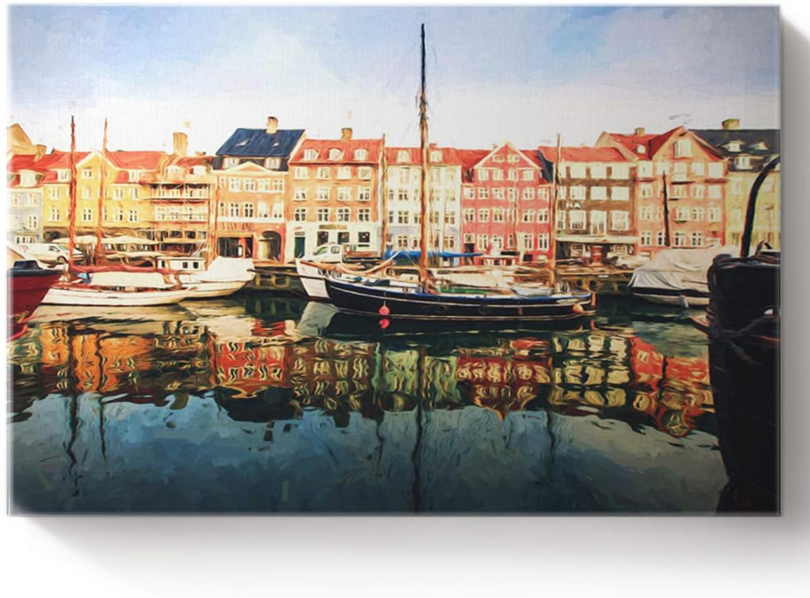 Arts Language DIY Oil Paintings Paint by Numbers Kit with Brushes for Adults/Kids Beginner Boat in Newport, Copenhagen, Denmark Acrylic Paints on Canvas Wooden Framed Wall Art 16x20in