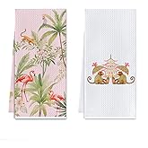 Cilrii Pink Tropical Oriental Monkey Flamingo Kitchen Towels, Traditional Eastern Asian Dish Tea Towels for Kitchen, Tropical Parrot Botanical Decorative Hand Towel for Bathroom, 16x24 Inch Set of 2