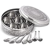 KSJONE Designer Spice Container Masala Dabba, 7 Spice Jars, Holds 7 Spices, Spice Container Box, Polished Stainless Steel with 7 Serving Spoons, Indian Masala Dabba with Lid, 8 Inch