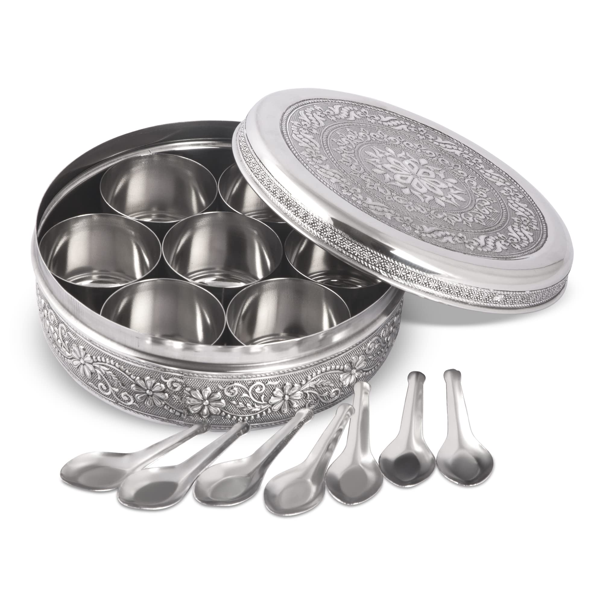 Photo 1 of KSJONE Designer Spice Container Masala Dabba, 7 Spice Jars, Holds 7 Spices, Spice Container Box, Polished Stainless Steel with 7 Serving Spoons, Indian Masala Dabba with Lid, 8 Inch