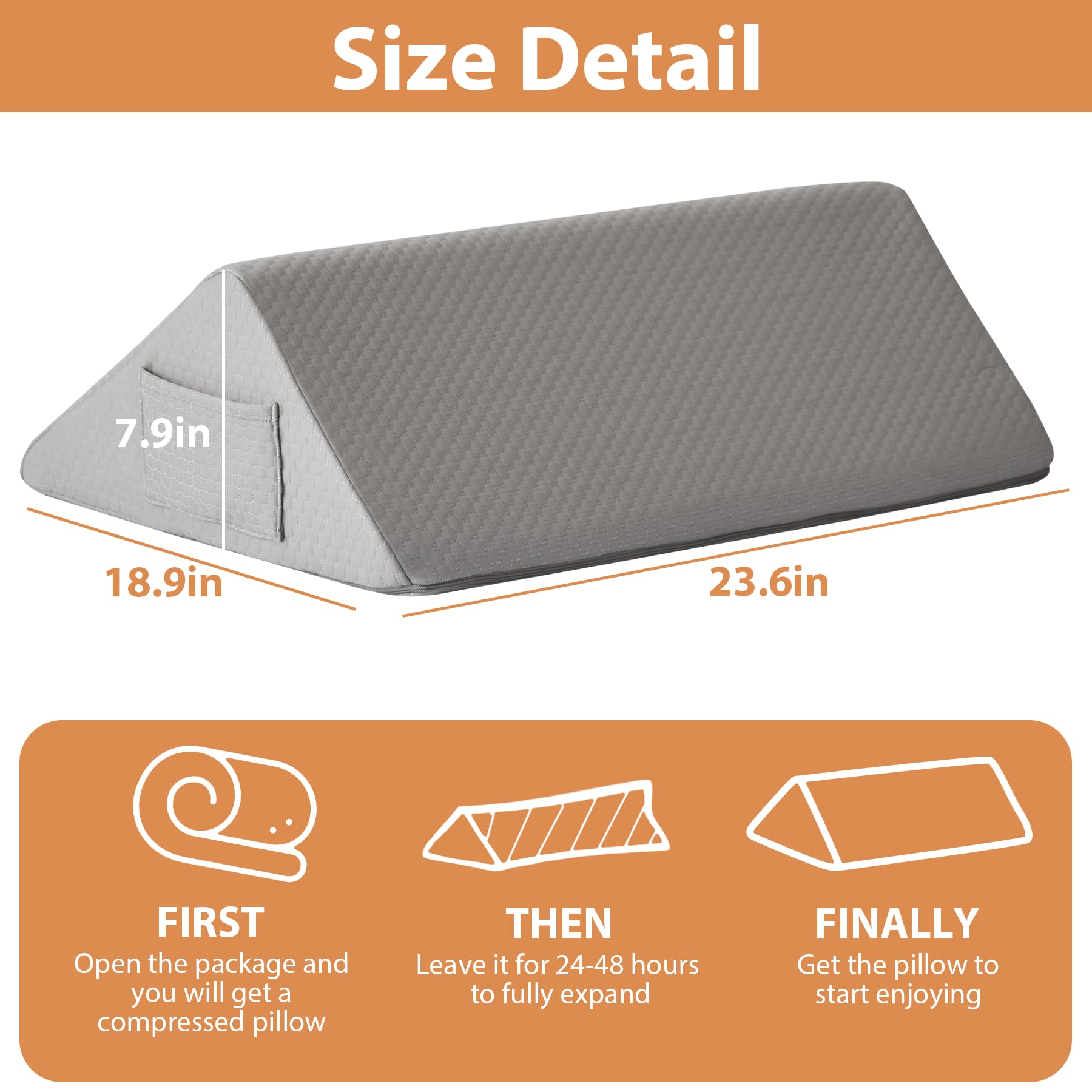 Knee Wedge Pillow, Memory Foam Knee Pillow for Back Sleeping, Leg Pillow, Bolster Pillow for Legs, Triangle Pillow for Back Support, Sciatica Back Pain Relief, 23.6×18.9×7.9 Inch, Grey