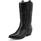 DREAM PAIRS Women's Cowboy Boots Pull On Cowgirl Boots Mid Calf Western Boots, Available in Regular and Wide Calf