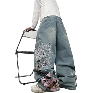 DFGIGT Mens Baggy Jeans Relaxed fit Wide Leg | Hip Hop Denim Pants Skater,Vintage 2000s Skate Skater Style,Detailed Y2k Embro