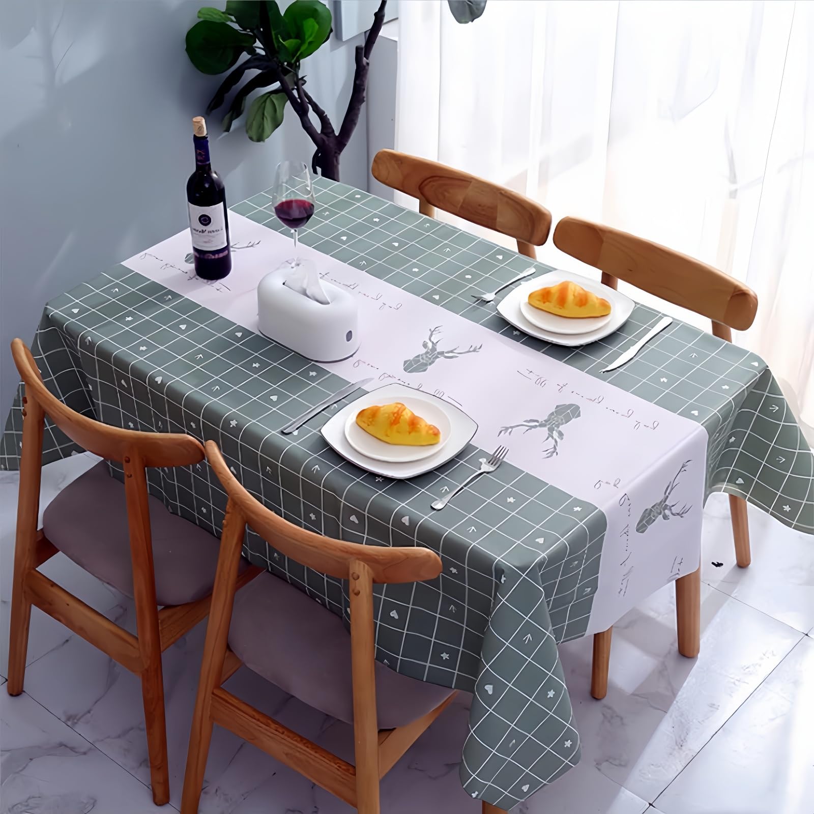 2pcs 137*180cm Plastic Tablecloths Waterproof Elk Green Checkered PVC Table Cloth Wipeable Rectangular, Plaid Table Cover Wipe Clean Oil Cloth Outdoor Tablecloth for Party,Picnic