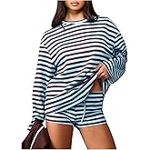 RoseSeek Women's 2 Piece Striped Outfits Knit Long Sleeve Shirts and Mini Shorts Set Loungewear