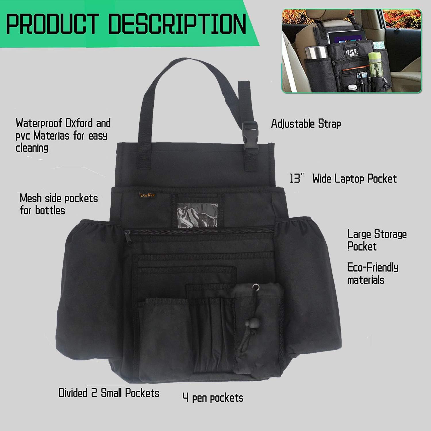 ECWKVN Car Front Seat Organiser -Car File Patrol Bag,Heavy Duty Passenger Tidy Backseat Organiser-Vehicle Storage Bag with 10 Multi Pockets for Laptops Tablet Cup Holder,Black - Image 3