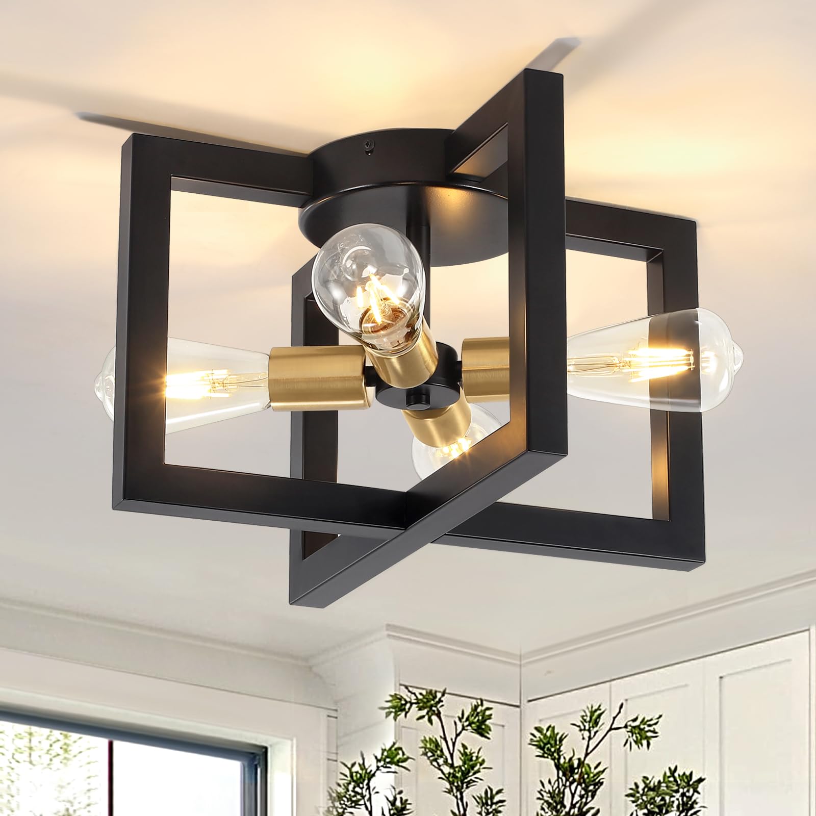 Photo 1 of Modern Black and Brushed Gold Semi Flush Mount Ceiling Light, 4-Light Industrial Geometric Light Fixture, Ceiling Lights for Hallway Entryway Laundry Kitchen Dining Room Bedroom Lighting, UL Listed