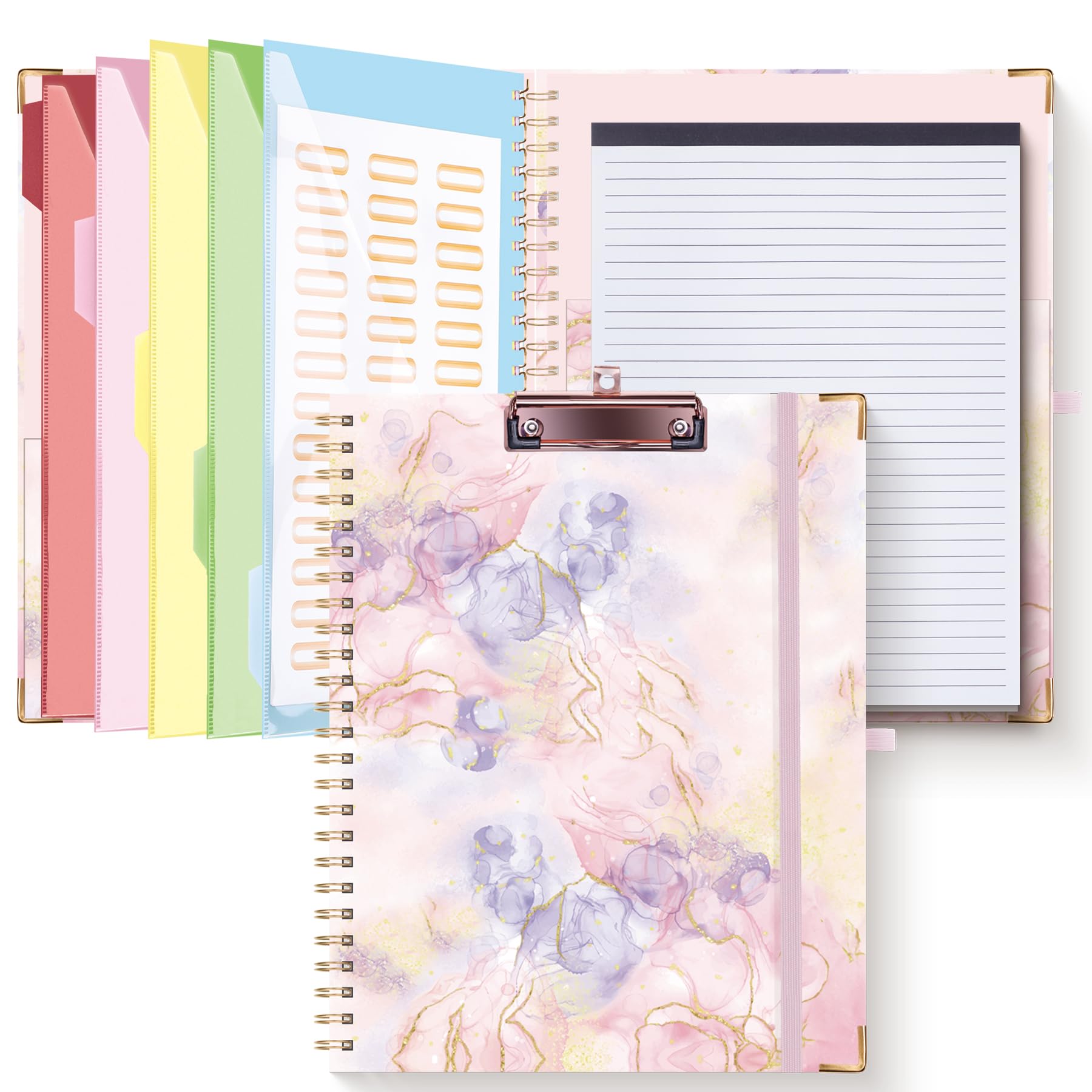HAUTOCO Clipboard Folder with Replaceable Lined Notepad, Spiral Clipboard Folio A4 with 5 Folder Dividers Document Storage Pockets, Padfolio Organiser Folio Clip Board for Office School, Pink Marble — image 1