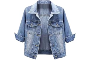 Locachy Womens 3/4 Sleeve Short Denim Jacket Lapel Button Down Cropped Trucker Jean Jackets Coats