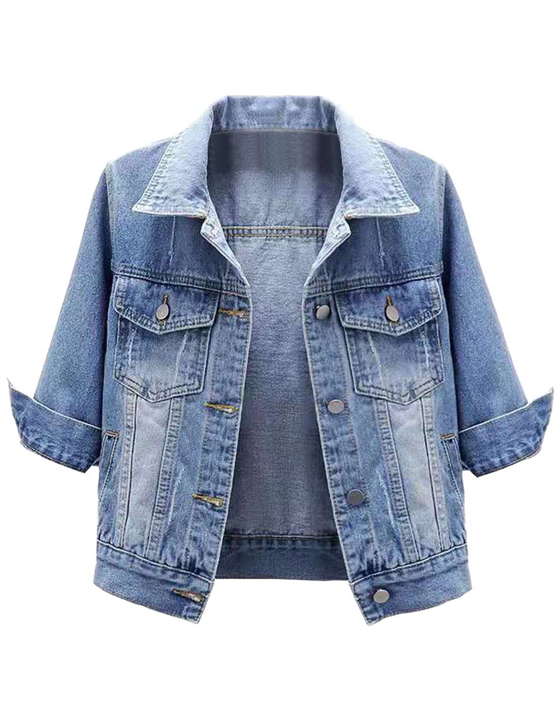 Photo 1 of ** SHOT SLEEVE ** Locachy Womens 3/4 Sleeve Short Denim Jacket Lapel Button Down Cropped Trucker Jean Jackets Coats Light Blue M