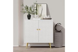 VOXANOXI Buffet Cabinet with Storage, White Accent Cabinet with Carved Texture, Sideboard Buffet Cabinet with 2 Doors and Shelves, Modern Credenza Storage Cabinet for Living Room