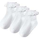 Haakong 3 Pairs Girls Ruffle Socks White Fancy Ruffled Lace Dress Socks for Girls Toddler Daily Wear