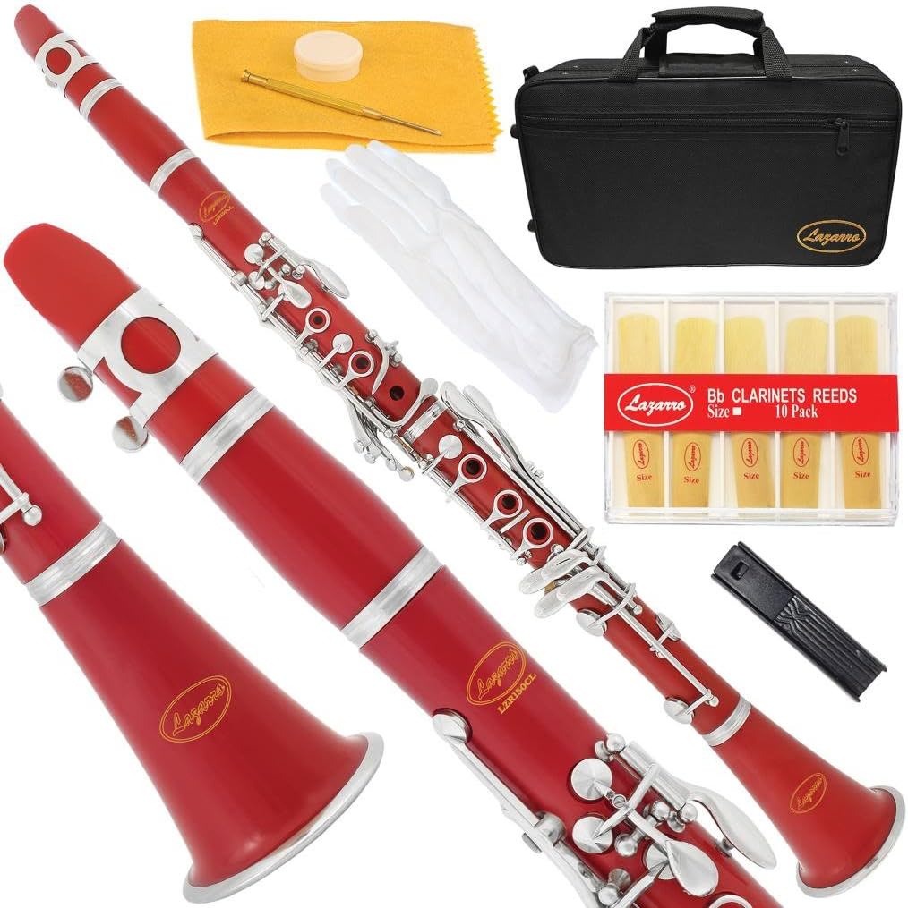 Lazarro 150-RD-L B-Flat Bb Clarinet Red-Silver Keys with Case, 11 Reeds, Care Kit and Many Extras