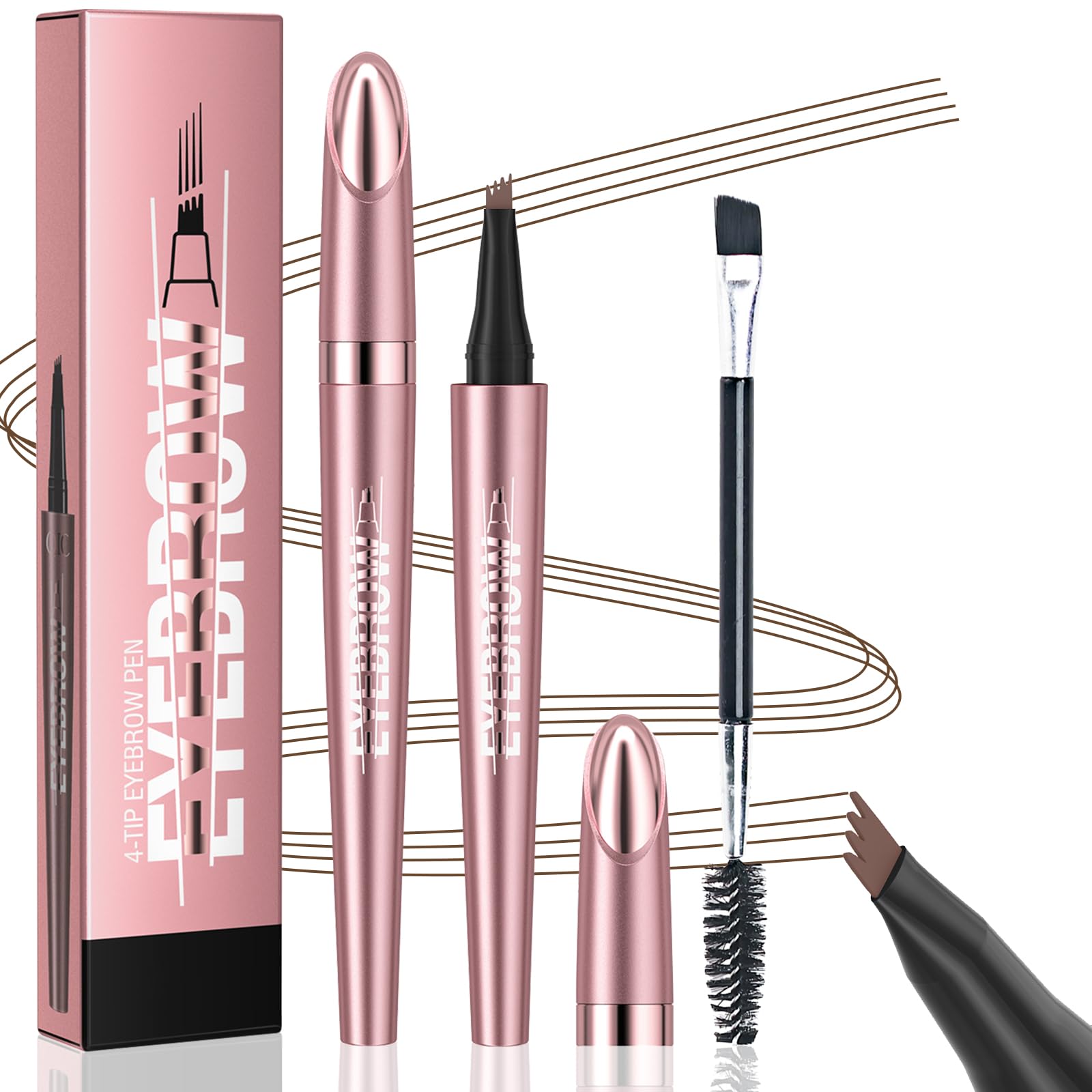 Eyebrow Pencil, 3D Microblading Eyebrow Pen, Magic Eye Brow Pencils with 4 Micro-Fork Tips & Spoolie Brush, Long-lasting Waterproof Smudgeproof Brow Pen Creates Natural Hair-Like Brows (Dark Brown)