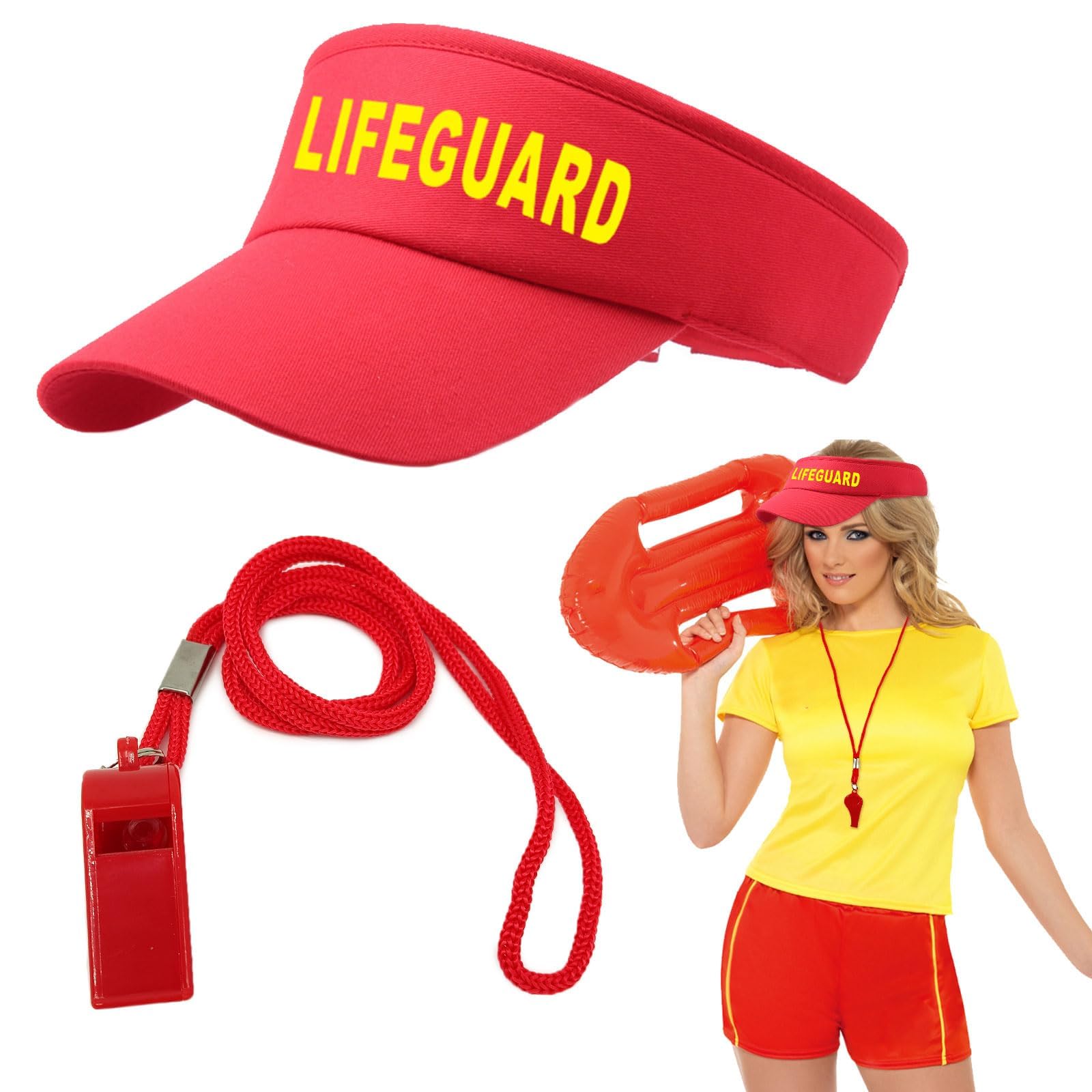 EUPSIIU 2 Pieces Lifeguard Costume Set, Lifeguard Hat and Guard Whistle, Lifeguard Accessories Red Adjustable Sunscreen Hats Fancy Dress Accessories for Adults Men Women Halloween Pool Party (2PCS)