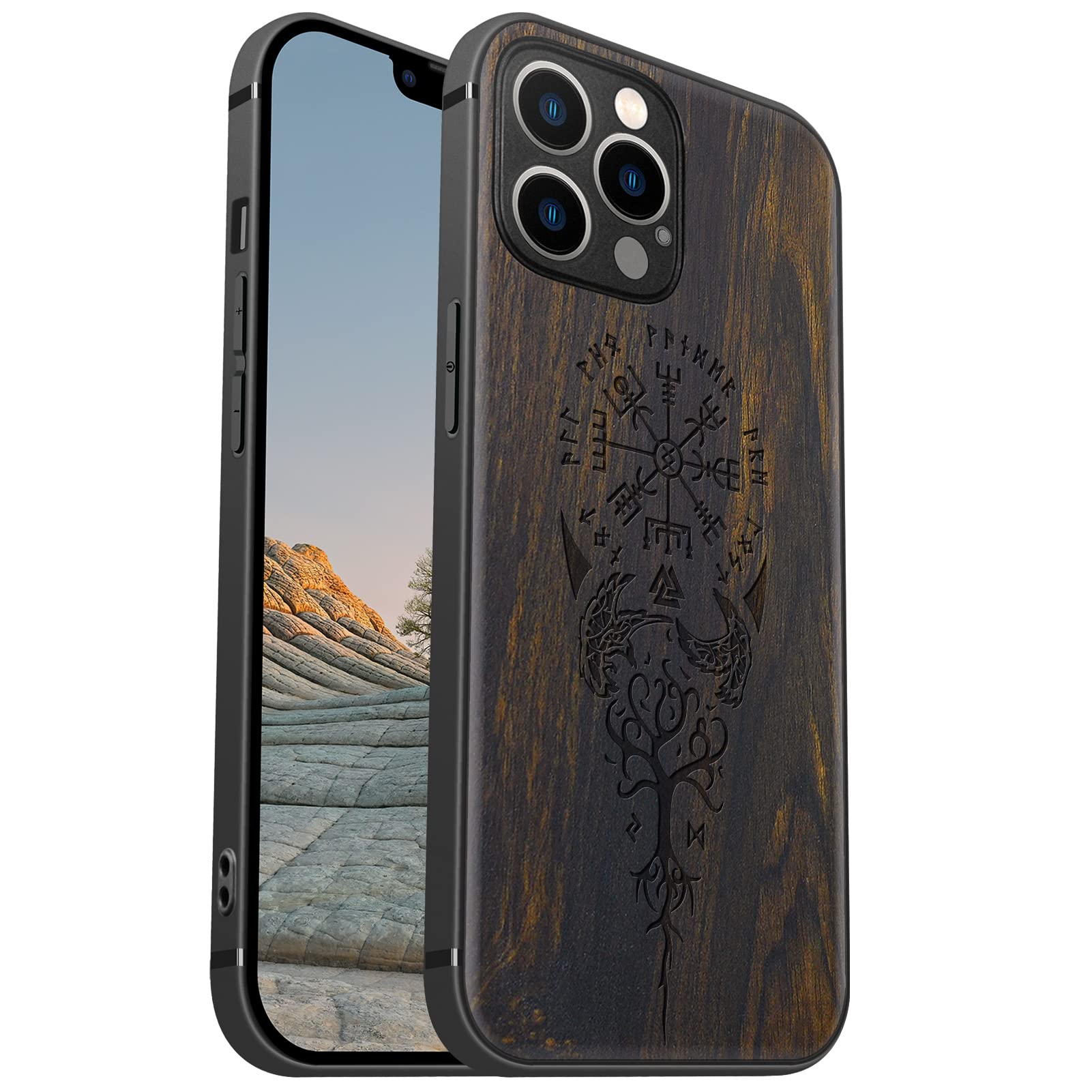 Carveit Magnetic Wood Case for iPhone 12 Pro - Hard Real Wood & Soft TPU Hybrid Shockproof Protective Cover - Unique & Classy Wooden Case Compatible with MagSafe (Viking Compass Vegvisir-Blackwood)