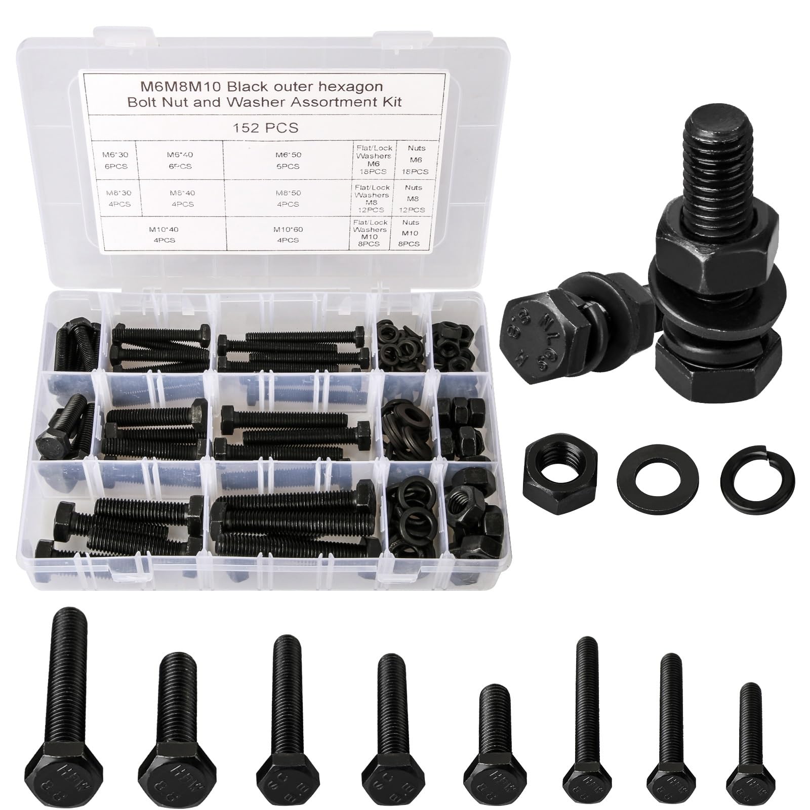 CYLBAQ 152PCS M6 M8 M10 Nut and Bolt Sets, Hex Head Nuts and Bolts Assortment Kit Hexagon Black Assorted Screws, Carbon Steel Outer Corner Hexagonal Screw Bolt Nut and Washers Set