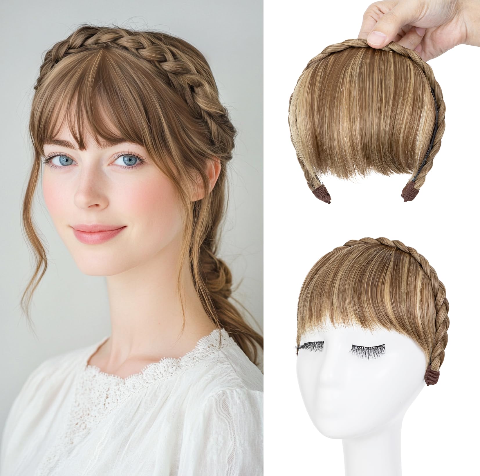 S-noilite Headband with Bangs, Front Hair Bangs Wigs Headband, Synthetic Braided Headband Wig with Bangs Fringe Hair Extensions Hairpiece for Women Girls - Golden Brown mix Baby Blonde — image 1
