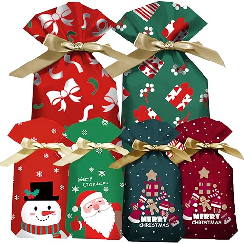 Christmas Drawstring Gift Wrapping Bags, 30 Pieces Various Sizes Reusable Gift Wrapping Bag with Ropes for Christmas Party