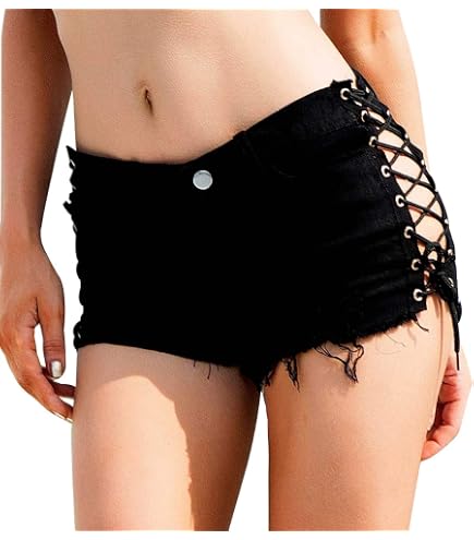 LAFOURAM Sexy Jean Shorts for Women Super Low Rise Side Lace Up