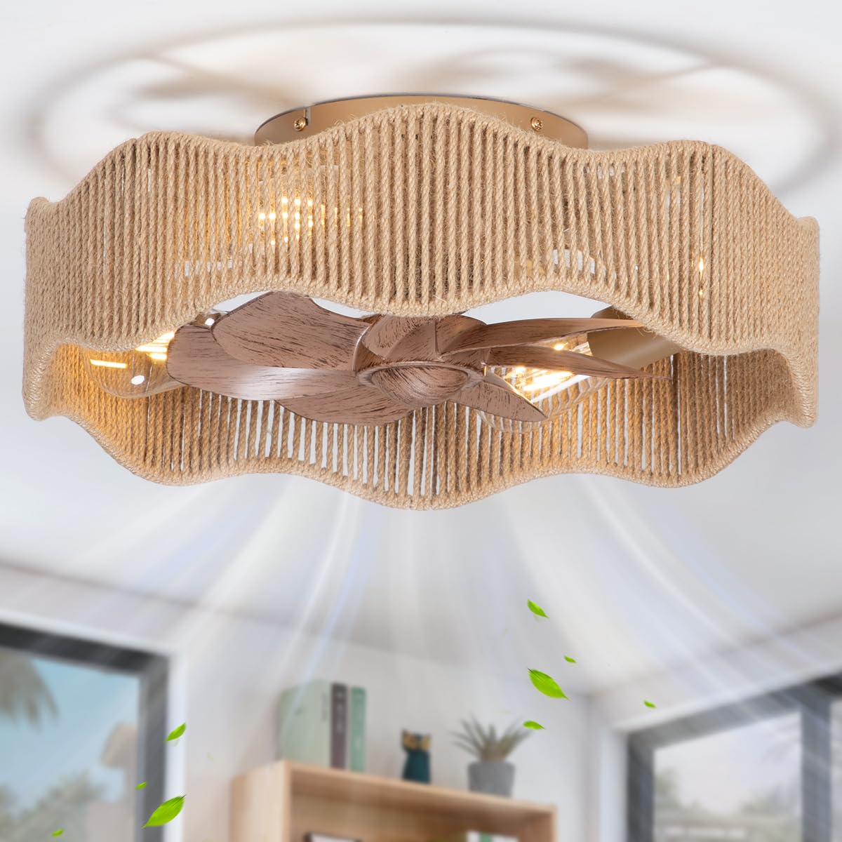 Product specifications image showing dimensions (18 inch diameter, 6.9 inch height), 6 fan speeds, 4 E26 light bases, reversible motor, 2/4 hour timing, and ETL certification.