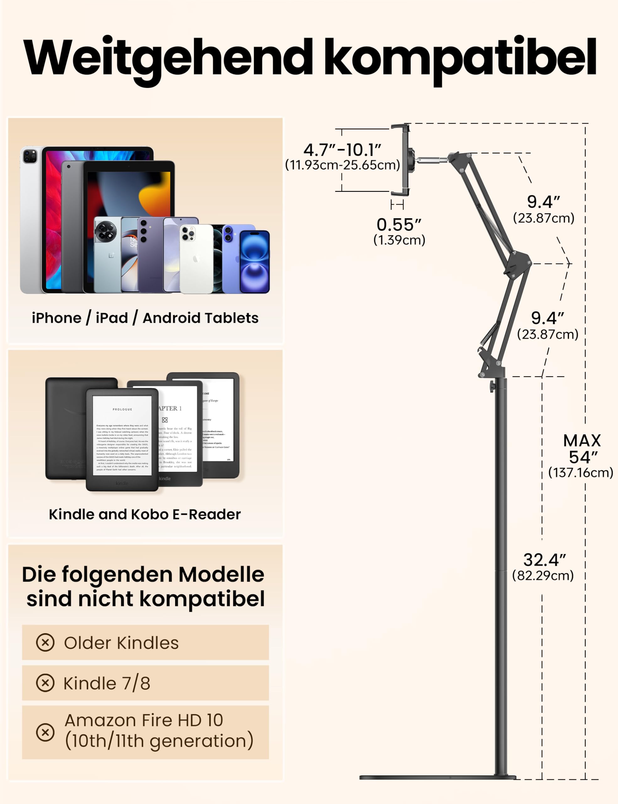 VOLTIFYMAX Tablet Bodenständer mit Kindle Fernbedienung, Verstellbarer Tablet Halterung für Kindle zubehör Paperwhite/Oasis/Kobo, iPad/Pro/Mini, Phone, Samsung Tab, 4.7-13 Zoll (schwarz) 6