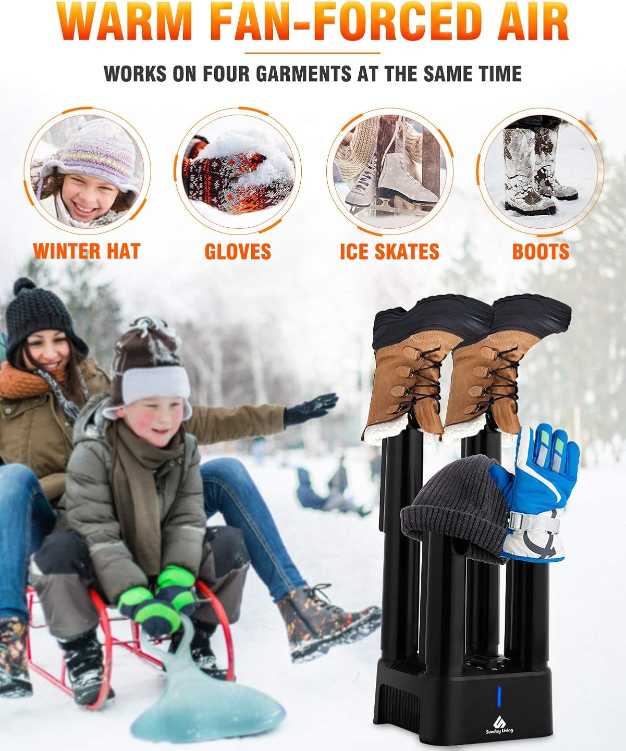Sunday Living Boot Dryer, Electric 4 Shoe Dryer with 180 Mins Timer and Heating Fan, Boot Warmer Dryer Glove Heater, Quick Drying and Quiet, SD-008 Black: Shoes