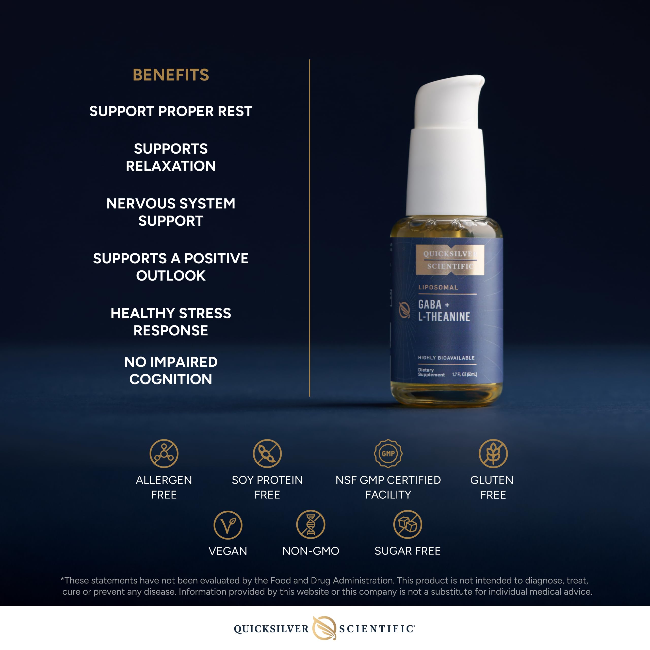 Quicksilver Scientific Liposomal GABA + L Theanine - Calm, Stress Response & Brain Support - Bioavailable GABA Supplement with L Theanine 100mg (1.7oz/50ml)
