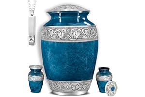 AmericUrn Set of 4 Funeral & Cremation Urn for Ashes Adult Male & Female with 1 Large Marble Blue Decorative Urn for Human Ashes Adult Man 2 Small Keepsakes & 1 NecklaceUrn Handcrafted in India